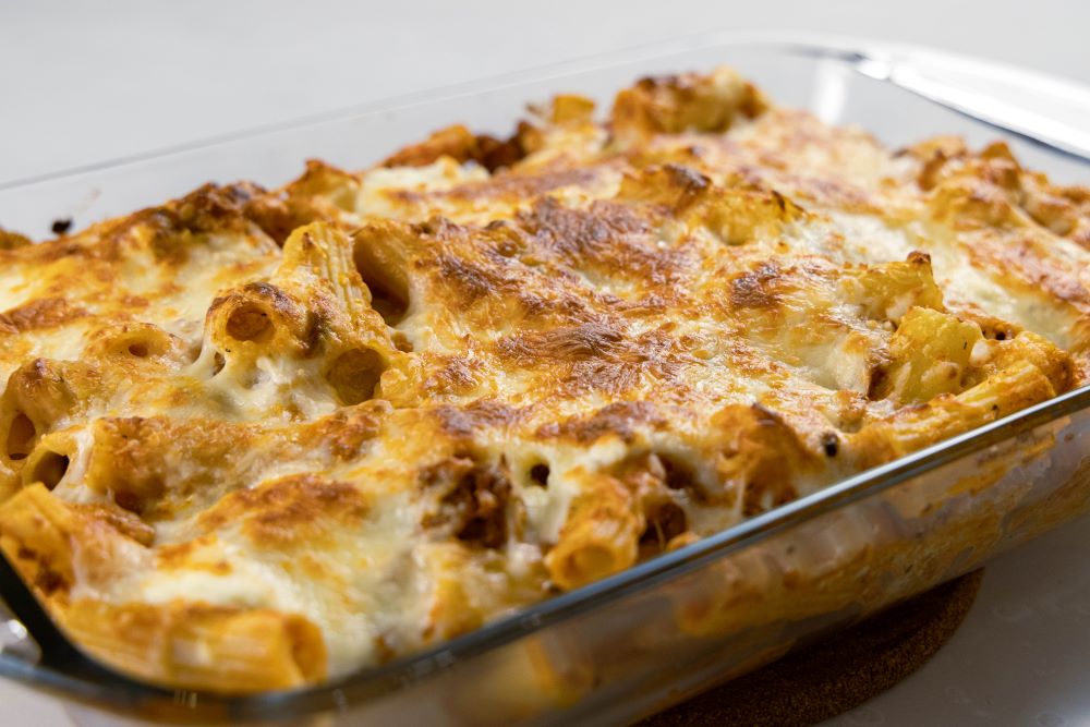 baked noodles, sauce, and cheese ziti